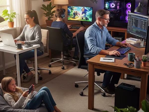 Ambiente de home office com vários equipamentos ligados, ilustrando a necessidade de uma instalação elétrica segura.